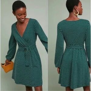 Maeve Malta Belted Mini Diamond Polka Dot Long Sleeve Knit Dress Dark Green